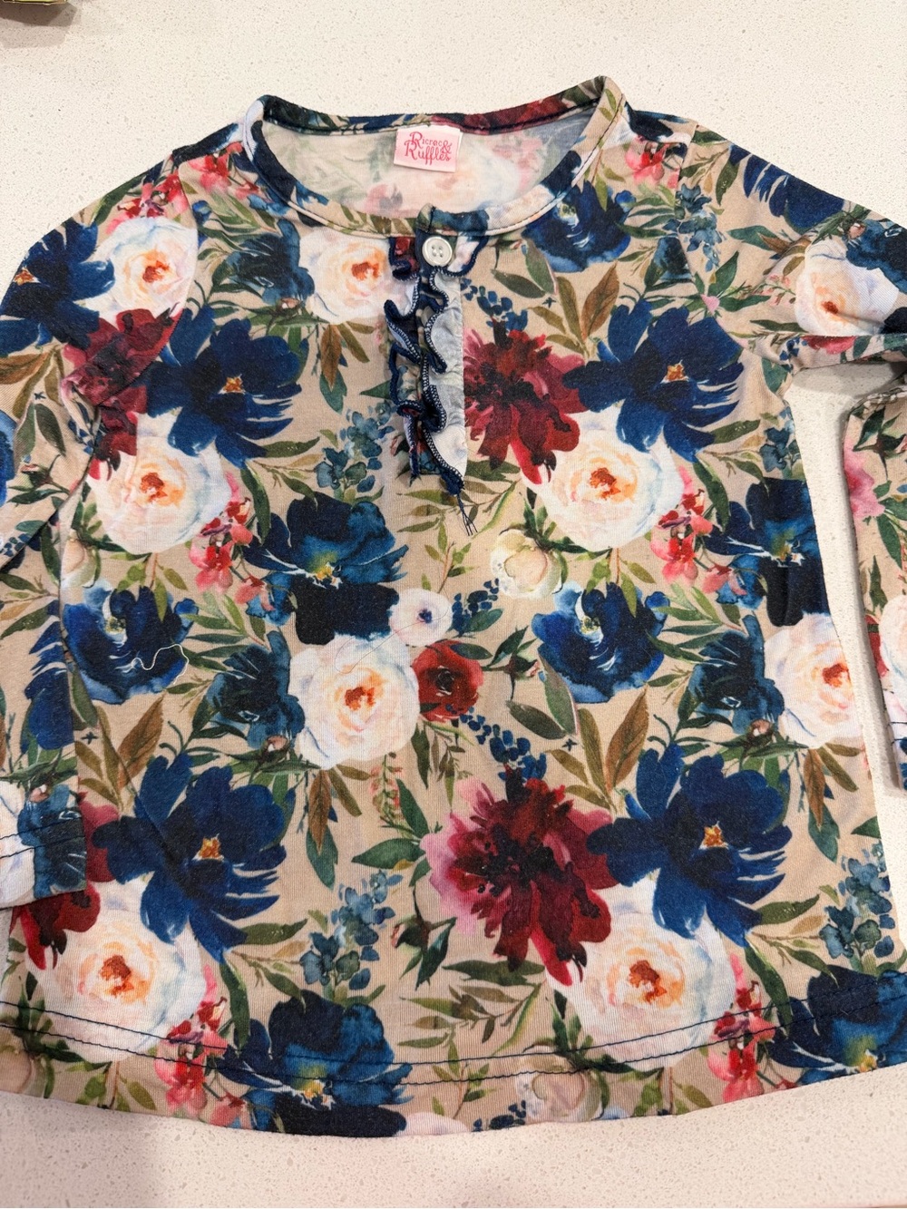 Rosie Pope Beige Floral Long-Sleeve Tee with Navy & Red Accents